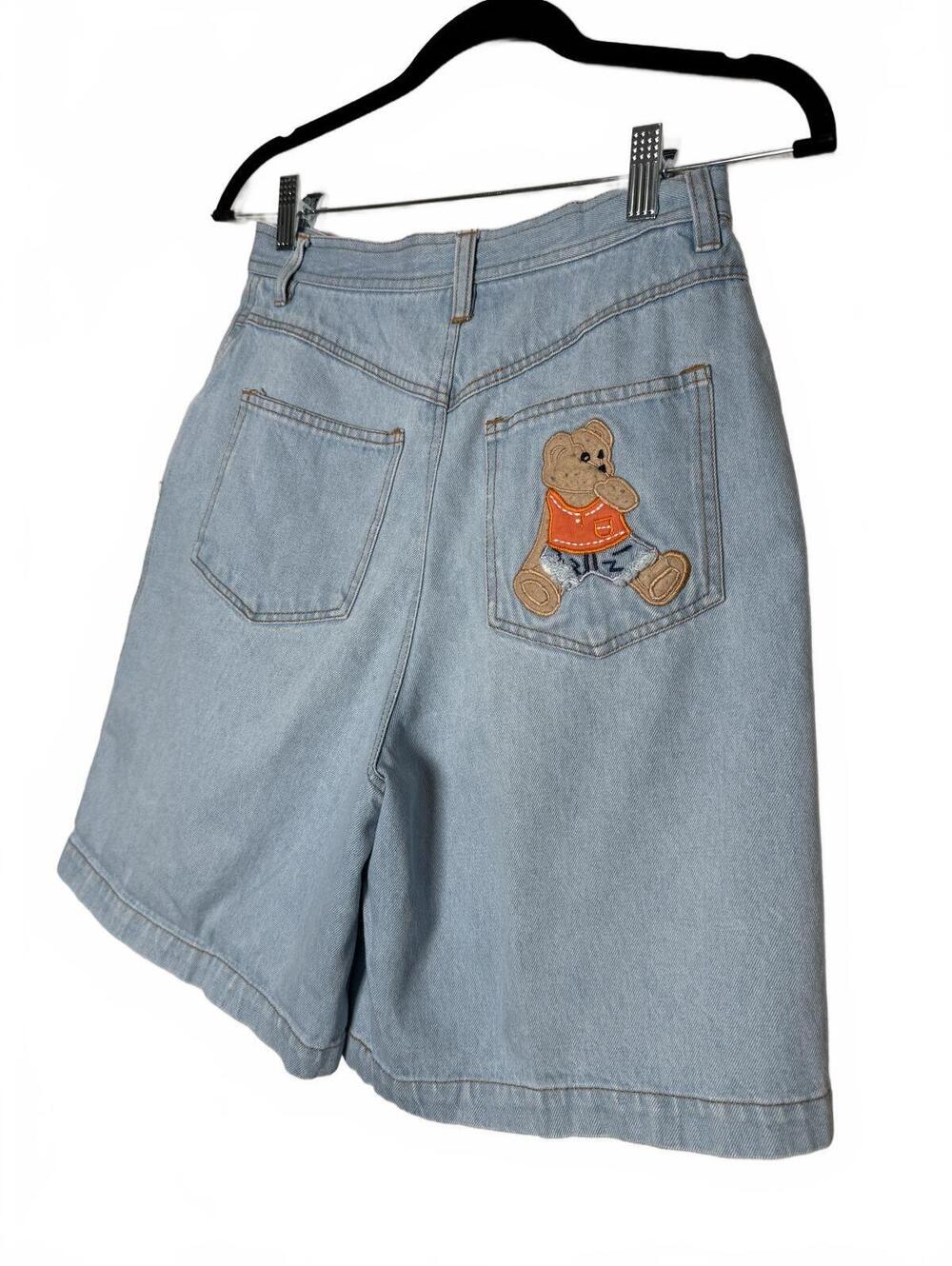 Vintage 90s Light Wash Denim Long Shorts with Bear Patch Jorts